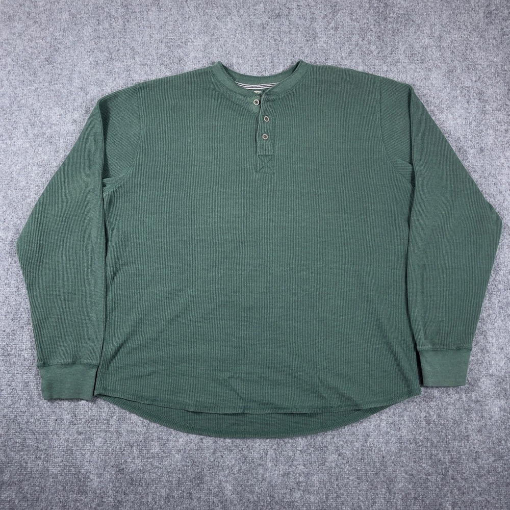 Y2K Faded Glory Henley Shirt Mens XL Green Waffle Knit Long Sleeve Thermal